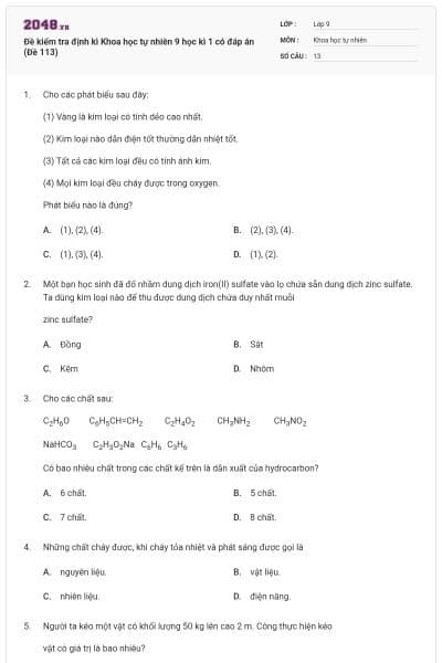 Đề kiểm tra định kì Khoa học tự nhiên 9 học kì 1 có đáp án (Đề 113)