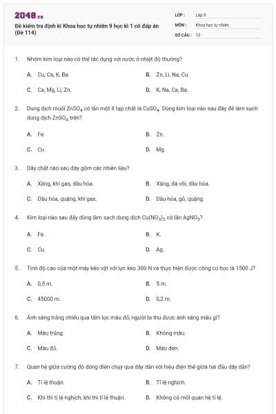 Đề kiểm tra định kì Khoa học tự nhiên 9 học kì 1 có đáp án (Đề 114)