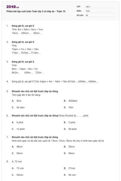 Phiếu bài tập cuối tuần Toán lớp 3 có đáp án - Tuần 10