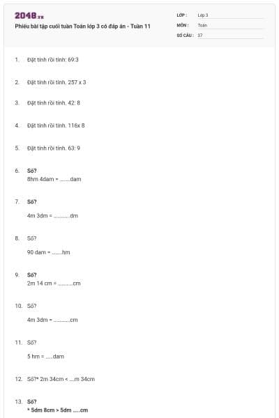 Phiếu bài tập cuối tuần Toán lớp 3 có đáp án - Tuần 11