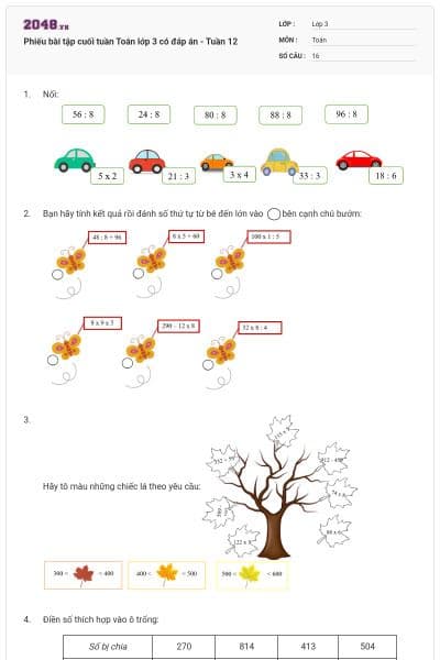 Phiếu bài tập cuối tuần Toán lớp 3 có đáp án - Tuần 12