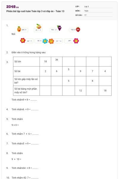 Phiếu bài tập cuối tuần Toán lớp 3 có đáp án - Tuần 13