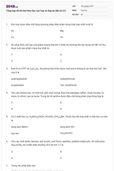 Tổng hợp đề thi thử Hóa Học cực hay có đáp án (Đề số 21)
