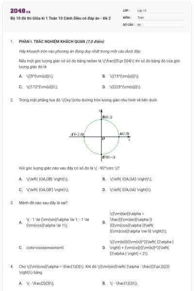 Bộ 10 đề thi Giữa kì 1 Toán 10 Cánh Diều có đáp án - Đề 2