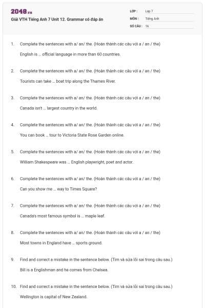 Giải VTH Tiếng Anh 7 Unit 12. Grammar có đáp án