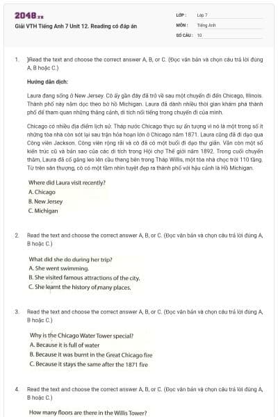 Giải VTH Tiếng Anh 7 Unit 12. Reading có đáp án