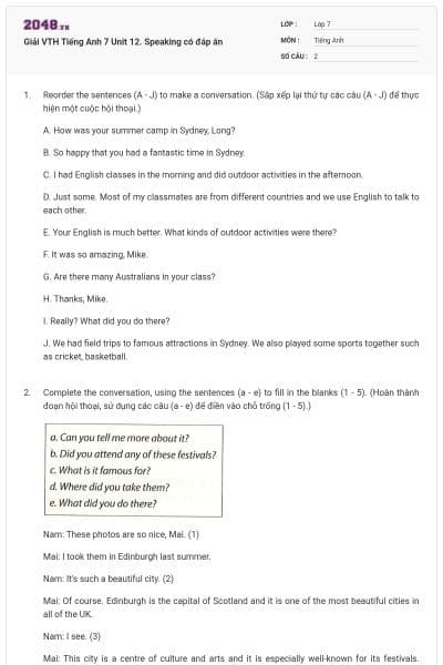 Giải VTH Tiếng Anh 7 Unit 12. Speaking có đáp án