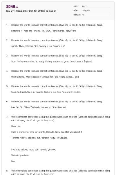 Giải VTH Tiếng Anh 7 Unit 12. Writing có đáp án