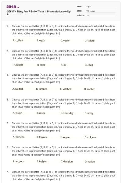 Giải VTH Tiếng Anh 7 End of Term 1. Pronunciation có đáp án
