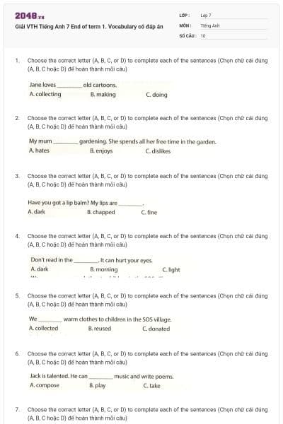 Giải VTH Tiếng Anh 7 End of term 1. Vocabulary có đáp án