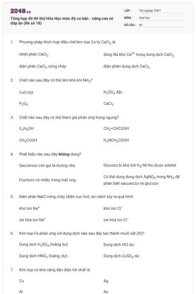 Tổng hợp đề thi thử Hóa Học mức độ cơ bản - nâng cao có đáp án (Đề số 16)