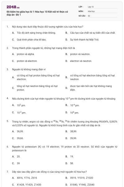 Đề kiểm tra giữa học kì 1 Hóa học 10 Kết nối tri thức có đáp án- Đề 1