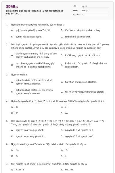 Đề kiểm tra giữa học kì 1 Hóa học 10 Kết nối tri thức có đáp án- Đề 2
