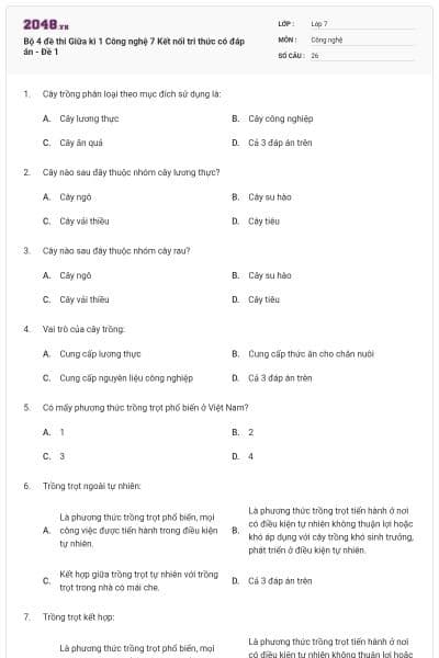 Bộ 4 đề thi Giữa kì 1 Công nghệ 7 Kết nối tri thức có đáp án - Đề 1
