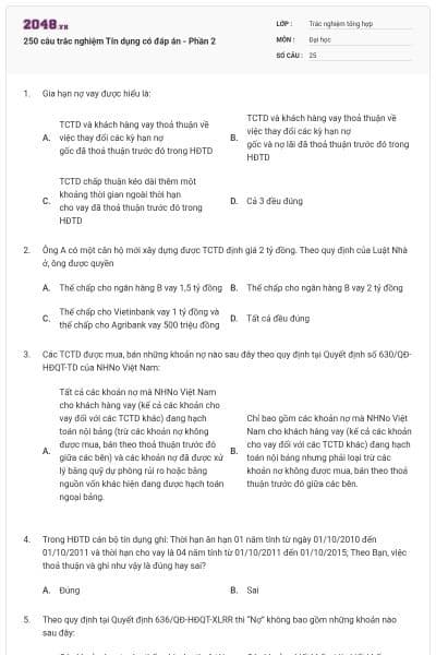 250 câu trắc nghiệm Tín dụng có đáp án - Phần 2