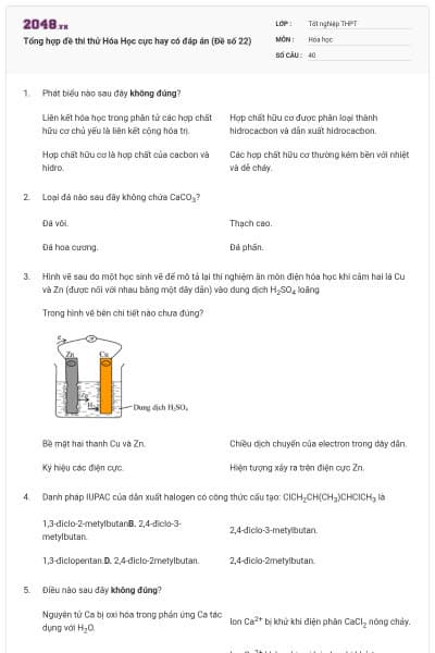 Tổng hợp đề thi thử Hóa Học cực hay có đáp án (Đề số 22)