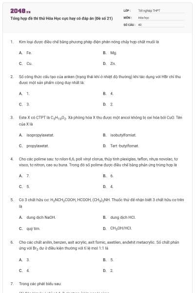 Tổng hợp đề thi thử Hóa Học cực hay có đáp án (Đề số 21)