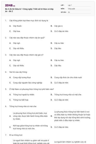 Bộ 4 đề thi Giữa kì 1 Công nghệ 7 Kết nối tri thức có đáp án - Đề 2