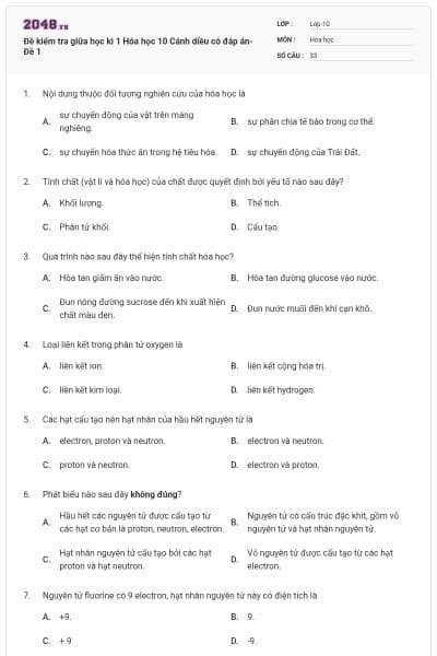 Đề kiểm tra giữa học kì 1 Hóa học 10 Cánh diều có đáp án- Đề 1