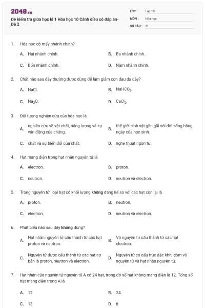 Đề kiểm tra giữa học kì 1 Hóa học 10 Cánh diều có đáp án- Đề 2