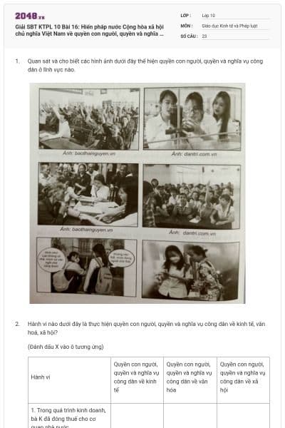 Giải SBT KTPL 10 Bài 16: Hiến pháp nước Cộng hòa xã hội chủ nghĩa Việt Nam về quyền con người, quyền và nghĩa vụ cơ bản của công dân có đáp án