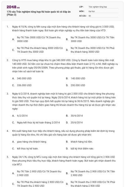 170 câu Trắc nghiệm tổng hợp Kế toán quốc tế có đáp án (Phần 3)