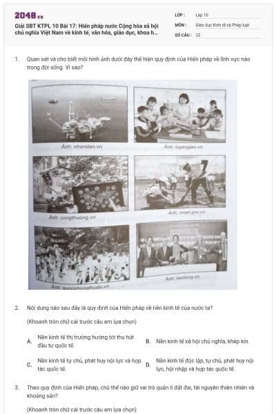 Giải SBT KTPL 10 Bài 17: Hiến pháp nước Cộng hòa xã hội chủ nghĩa Việt Nam về kinh tế, văn hóa, giáo dục, khoa học công nghệ và môi trường có đáp án
