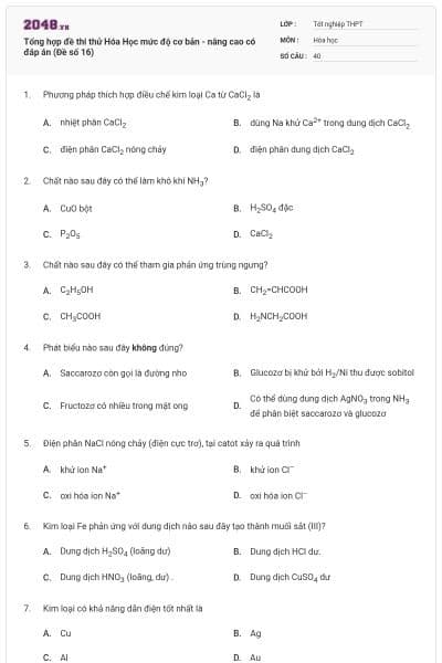 Tổng hợp đề thi thử Hóa Học mức độ cơ bản - nâng cao có đáp án (Đề số 16)