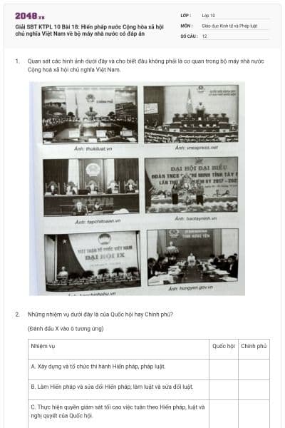 Giải SBT KTPL 10 Bài 18: Hiến pháp nước Cộng hòa xã hội chủ nghĩa Việt Nam về bộ máy nhà nước có đáp án