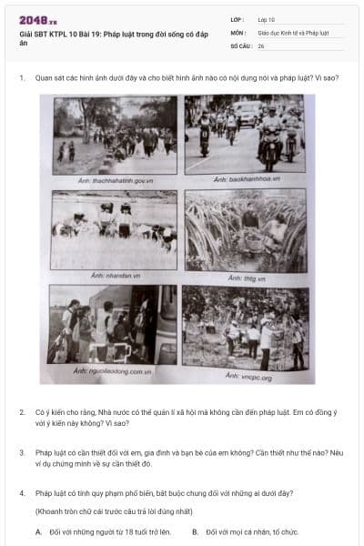 Giải SBT KTPL 10 Bài 19: Pháp luật trong đời sống có đáp án