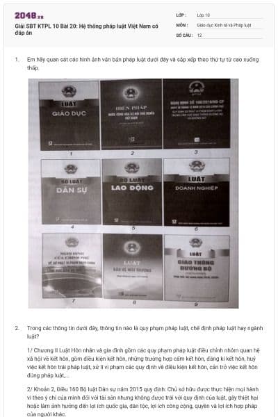 Giải SBT KTPL 10 Bài 20: Hệ thống pháp luật Việt Nam có đáp án