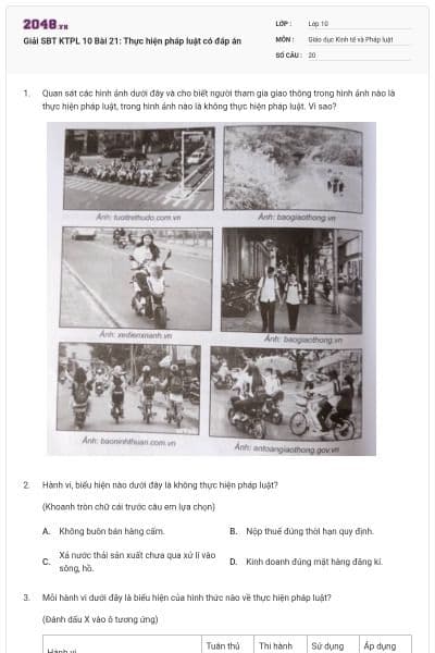 Giải SBT KTPL 10 Bài 21: Thực hiện pháp luật có đáp án