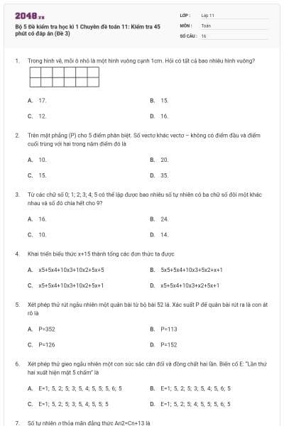 Bộ  5 Đề kiểm tra học kì 1 Chuyên đề toán 11: Kiểm tra 45 phút có đáp án (Đề 3)