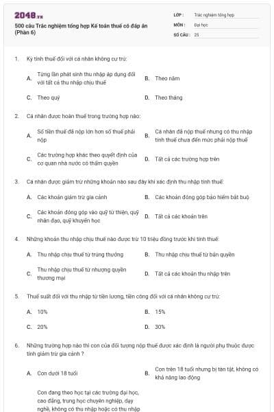 500 câu Trắc nghiệm tổng hợp Kế toán thuế có đáp án (Phần 6)