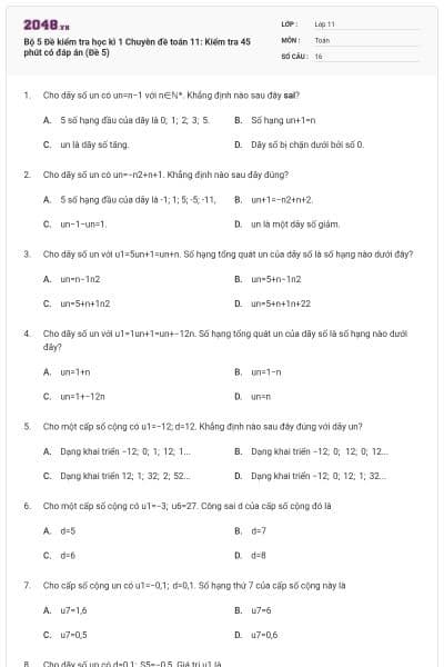 Bộ  5 Đề kiểm tra học kì 1 Chuyên đề toán 11: Kiểm tra 45 phút có đáp án (Đề 5)