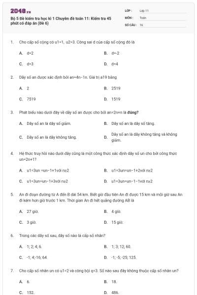 Bộ  5 Đề kiểm tra học kì 1 Chuyên đề toán 11: Kiểm tra 45 phút có đáp án (Đề 6)