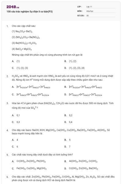 100 câu trắc nghiệm Sự điện li cơ bản(P3)