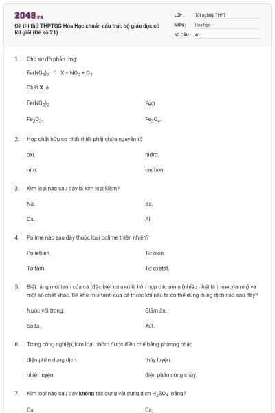 Đề thi thử THPTQG Hóa Học chuẩn cấu trúc bộ giáo dục có lời giải (Đề số 21)