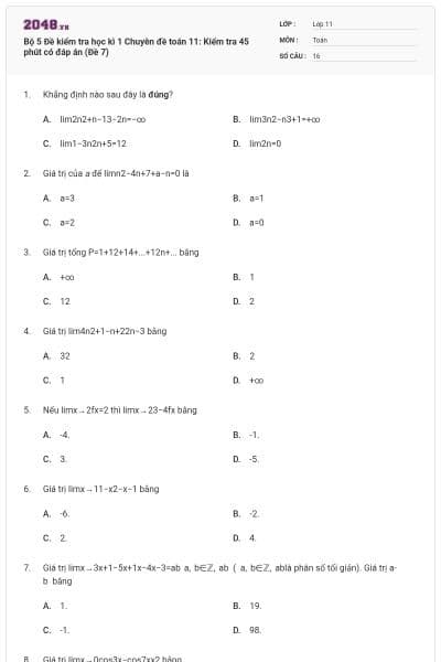 Bộ  5 Đề kiểm tra học kì 1 Chuyên đề toán 11: Kiểm tra 45 phút có đáp án (Đề 7)