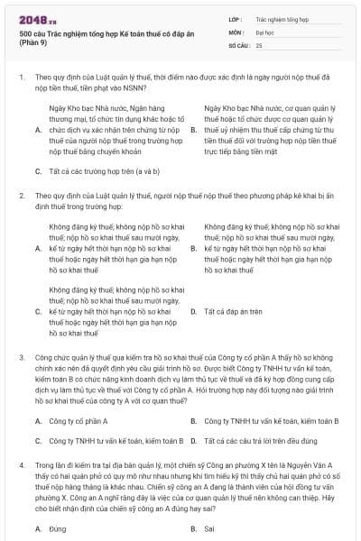 500 câu Trắc nghiệm tổng hợp Kế toán thuế có đáp án (Phần 9)