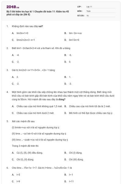 Bộ  5 Đề kiểm tra học kì 1 Chuyên đề toán 11: Kiểm tra 45 phút có đáp án (Đề 8)