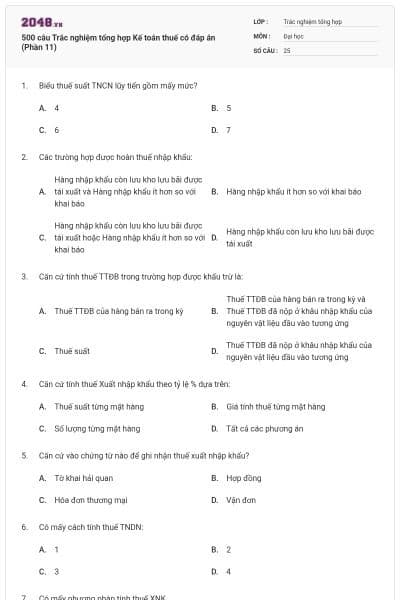 500 câu Trắc nghiệm tổng hợp Kế toán thuế có đáp án (Phần 11)