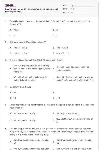 Bộ  4 Đề kiểm tra học kì 1 Chuyên đề toán 11: Kiểm tra cuối kì có đáp án (Đề 4)