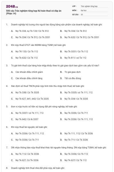 500 câu Trắc nghiệm tổng hợp Kế toán thuế có đáp án (Phần 14)