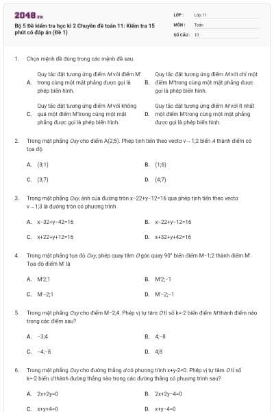 Bộ  5 Đề kiểm tra học kì 2 Chuyên đề toán 11: Kiểm tra 15 phút có đáp án (Đề 1)