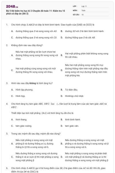 Bộ  5 Đề kiểm tra học kì 2 Chuyên đề toán 11: Kiểm tra 15 phút có đáp án (Đề 3)