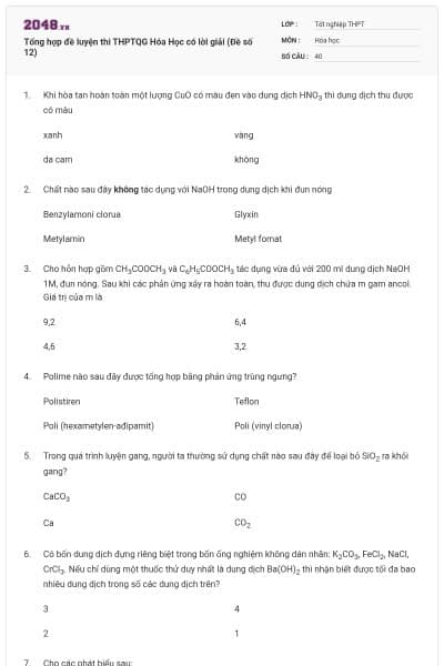 Tổng hợp đề luyện thi THPTQG Hóa Học có lời giải (Đề số 12)