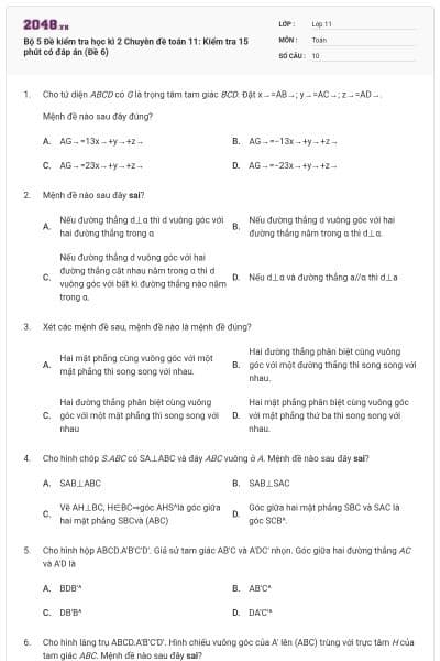 Bộ  5 Đề kiểm tra học kì 2 Chuyên đề toán 11: Kiểm tra 15 phút có đáp án (Đề 6)