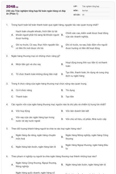 250 câu Trắc nghiệm tổng hợp Kế toán ngân hàng có đáp án (Phần 1)