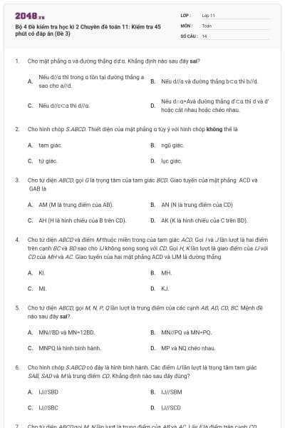 Bộ  4 Đề kiểm tra học kì 2 Chuyên đề toán 11: Kiểm tra 45 phút có đáp án (Đề 3)
